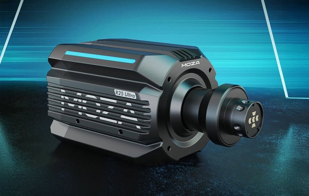 Baza kierownicy MOZA RACING R25 RS091 na ciemnym tle z niebieskim podświetleniem.
