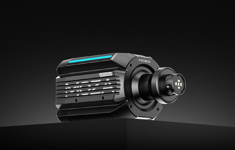 Baza kierownicy MOZA RACING R25 RS091 Zbliżenie na front i bok czarnej bazy Moza Racing R25 z widocznym logotypem i systemem montażu zaawansowana baza kierownicy direct drive moment obrotowy dba o autentyczne odczucia z jazdy