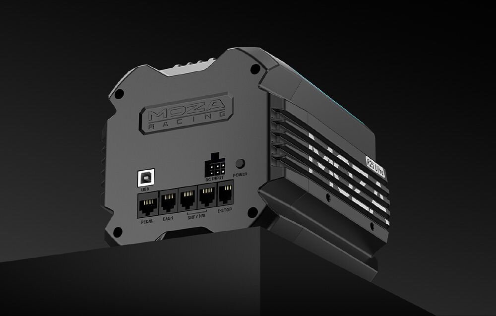 Baza kierownicy MOZA RACING R25 RS091 Panel tylny bazy Moza Racing R25 z portami USB, zasilaniem oraz wejściami na pedały i akcesoria dwa paski LED RGB reagują na sygnały z gry szybkozłącze kierownicy