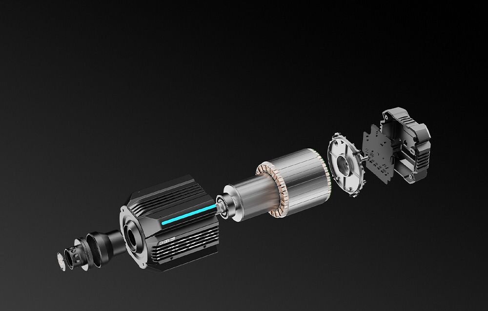 Baza kierownicy MOZA RACING R25 RS091 Widok eksplodujący (rozłożony) bazy Moza Racing R25 pokazujący wewnętrzne komponenty i silnik mechanizm obrotowy trwałość szacowana na ponad 10 milionów cykli