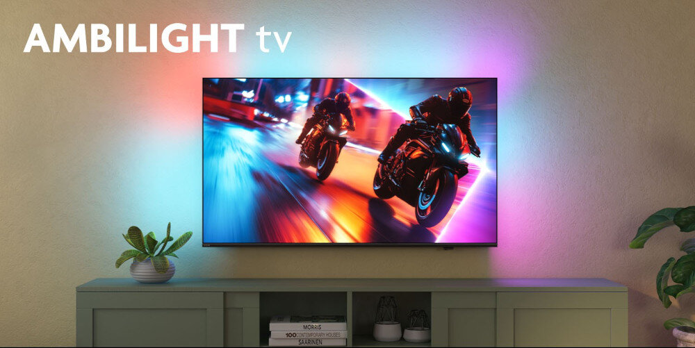 Telewizor PHILIPS 85MLED910 Ambilight MiniLED 4K duży ekran kinowe wrażenia, telewizor zawieszony na ścianie w pomieszczeniu