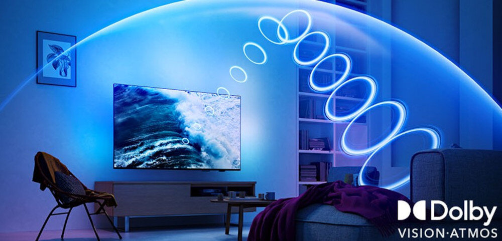 Telewizor PHILIPS 85MLED910 Dolby Vision HDR kinowe detale kontrast, telewizor zawieszony na ścianie w pomieszczeniu