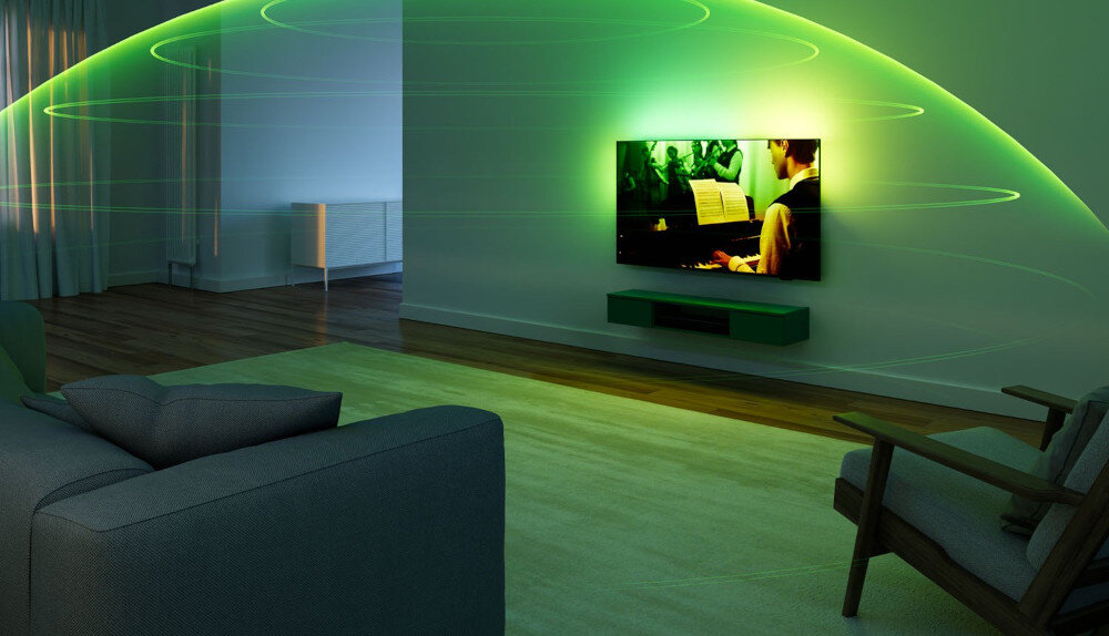 Telewizor PHILIPS 85MLED910 Dolby Atmos DTS:X dźwięk przestrzenny kino domowe, telewizor zawieszony na ścianie w pomieszczeniu