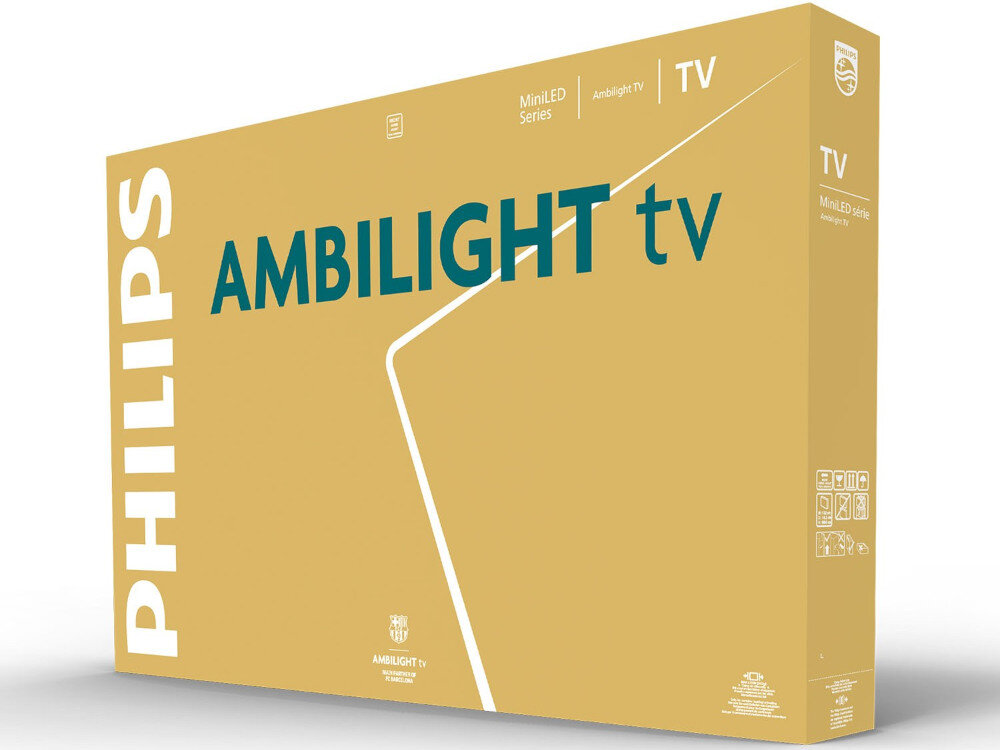 Telewizor PHILIPS 85MLED910 bezramkowy design Ambilight pilot z recyklingu, karton po skosie na białym tle