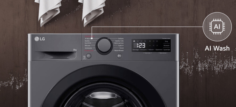 PRALKA LG MF2W8S506J ikona grafika panel programy pokrętło AI Wash dostosowanie parametrów automatyczne rozpoznanie wsadu tkaniny dobór parametrów bez uszkodzeń tkanin