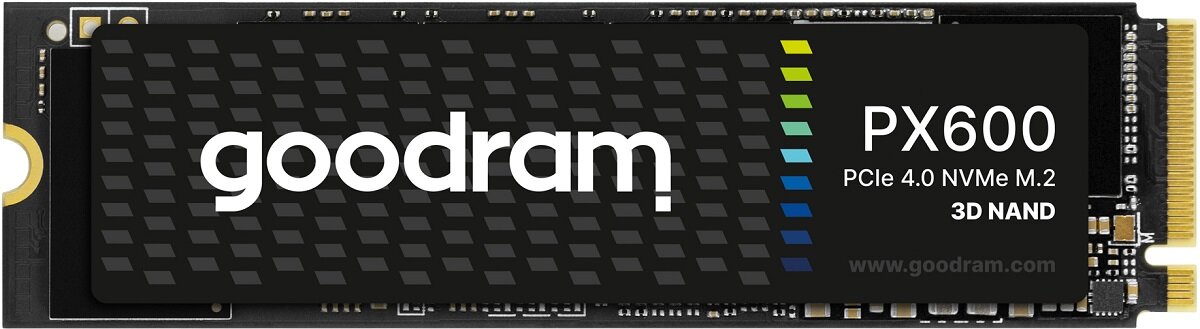 Na obrazie widoczny jest dysk SSD z napisem \'goodram PX600 PCIe 4.0 NVMe M.2 3D NAND\'.