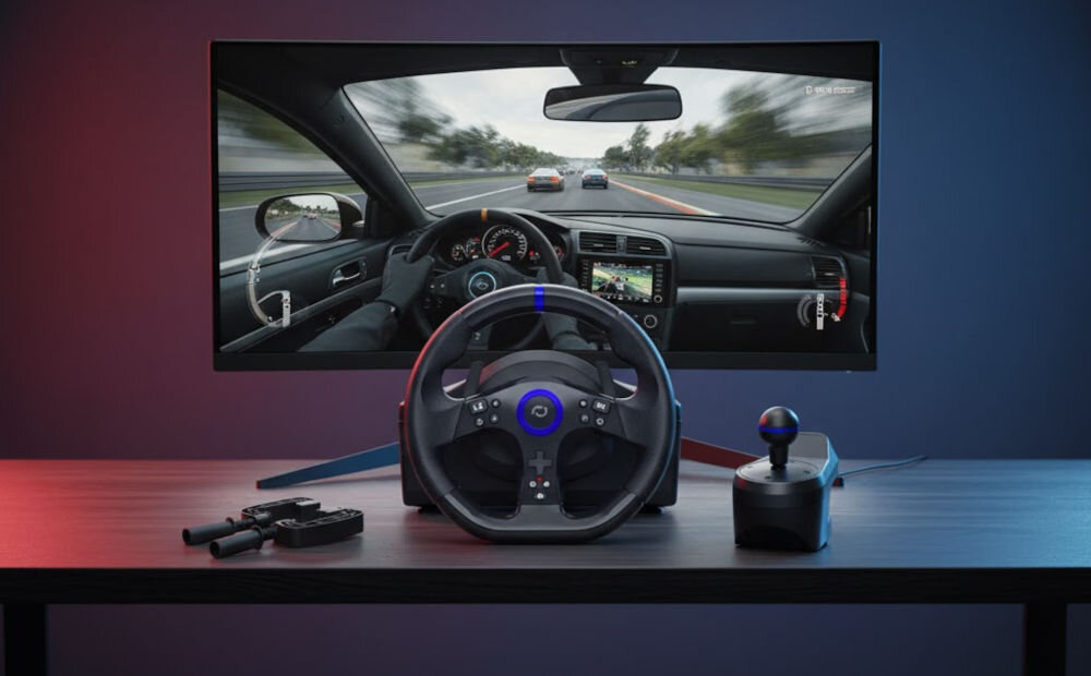 Kierownica FR-TEC Racing Wheel BL7002 PS5/PC kierownica na blacie za nią monitor z włączoną grą samochodową na ciemnej ścianie poświata świateł obok kierownicy akcesoria