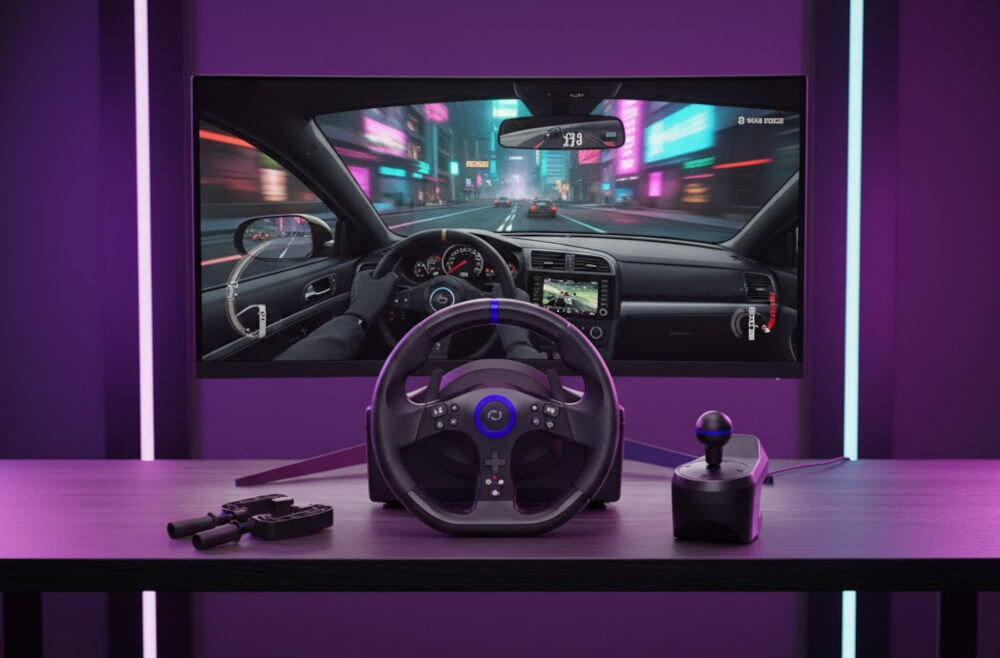 Kierownica FR-TEC Racing Wheel BL7002 PS5/PC kierownica na blacie za nią monitor z włączoną grą samochodową w pokoju poświata różowych świateł obok kierownicy akcesoria gry wyścigowe głębokie wrażenia z wirtualnej rywalizacji odtworzenie emocji towarzyszących zmaganiom na torze