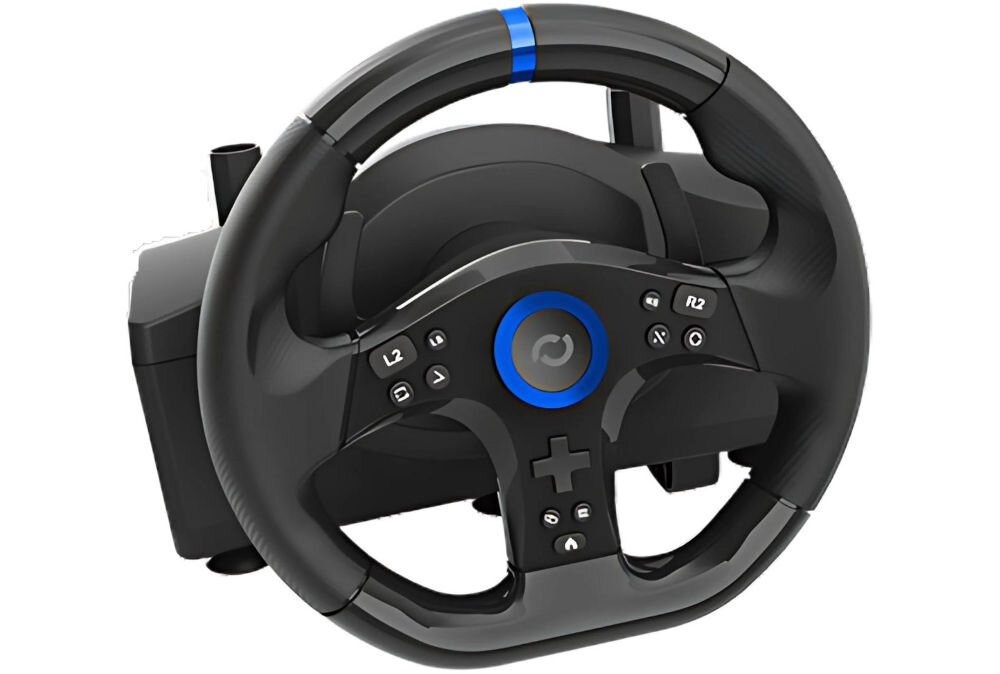 Kierownica FR-TEC Racing Wheel BL7002 PS5/PC prezentacja kierownicy pod kątem na białym tle kompatybilność konsola PS5 PC standardy wejścia X-Input D-Input obsługa biblioteki gier wyścigowych różne platformy