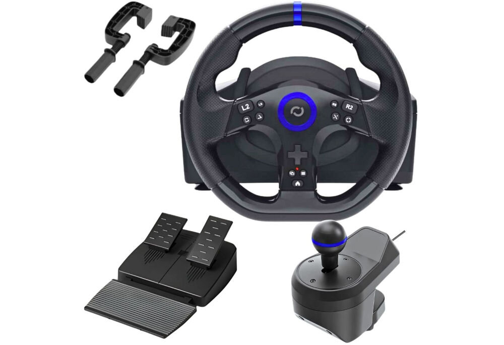 Kierownica FR-TEC Racing Wheel BL7002 PS5/PC prezentacja całego zestawu na białym tle Plug and Play automatyczne wykrywanie kierownicy oszczędność czasu