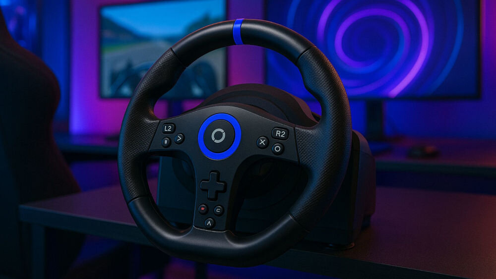 Kierownica FR-TEC Racing Wheel BL7002 PS5/PC prezentacja kierownicy na ciemnym blacie w tle monitory kolorowa poświata świetlna wieniec kierownicy średnica pokryty gumowym materiałem redukcja ślizgania się dłoni komfort użytkowania ergonomia