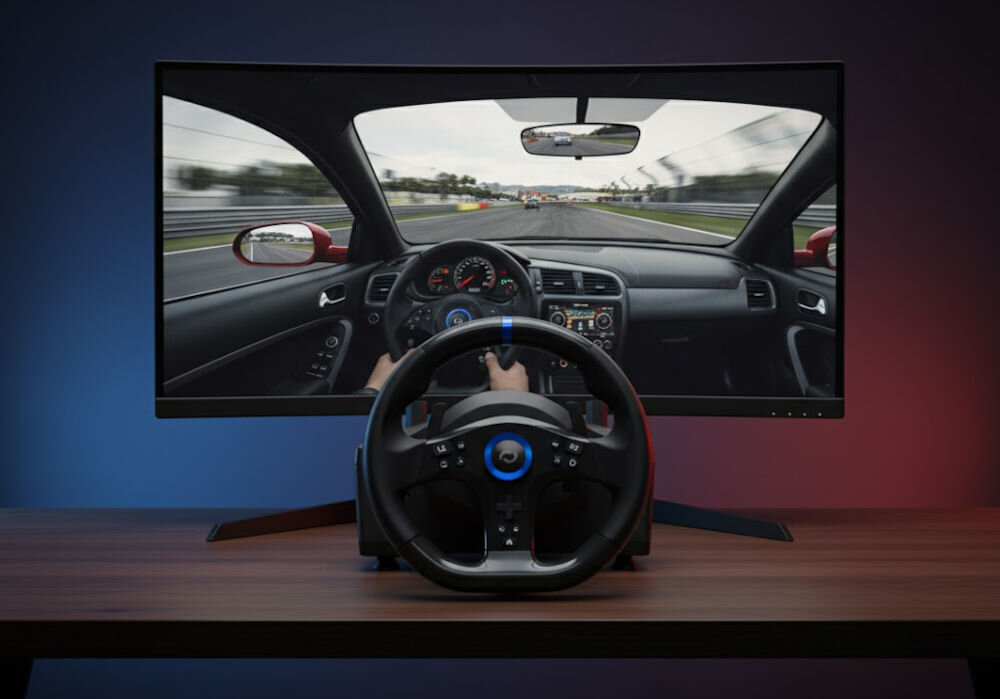 Kierownica FR-TEC Racing Wheel BL7002 PS5/PC kierownica na blacie za nią monitor z włączoną grą samochodową na ciemnej ścianie poświata świateł kąt obrotu wykonywanie szybkich manewrów bez konieczności wielokrotnego obracania wieńca wskaźnik centrowania D-Pad 11 przycisków sterujących