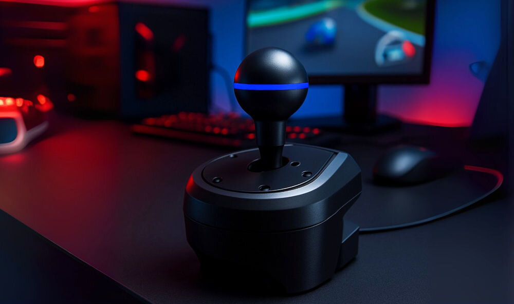 Kierownica FR-TEC Racing Wheel BL7002 PS5/PC zbliżenie na dźwignię zmiany biegów postawioną na blacie w tle monitor oraz akcesoria komputerowe kolorowa poświata elementy zmiany przełożeń dwie łopatki zmiany biegów obsługa skrzyni bez odrywania rąk od kierownicy osobna dźwignia sekwencyjna