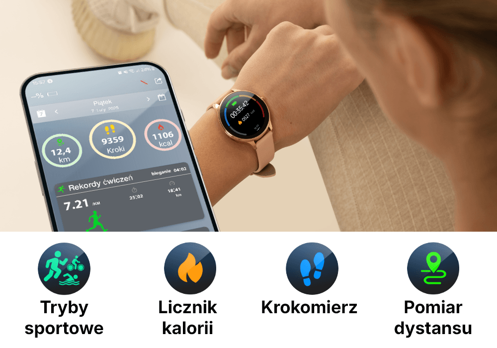 Smartwatch FOREVER Velora SB-306 na ręku modelki i ikony trybów  