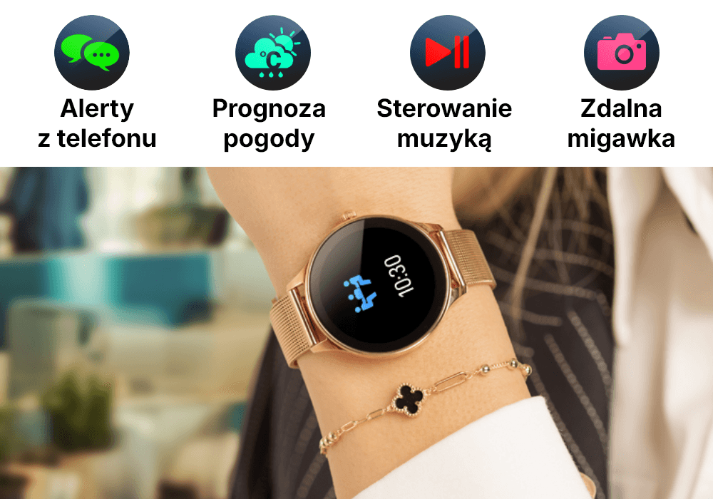 Smartwatch FOREVER Velora SB-306 na ręku modelki i ikony funkcji   