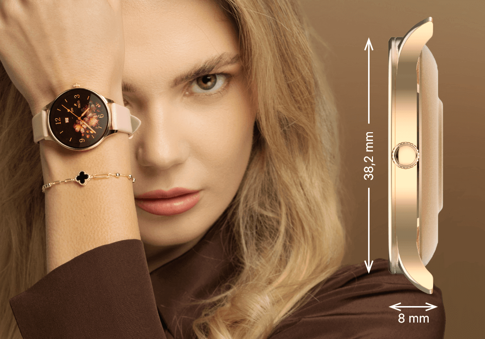 Smartwatch FOREVER Velora SB-306  na ręku modelki, z wymiarami  