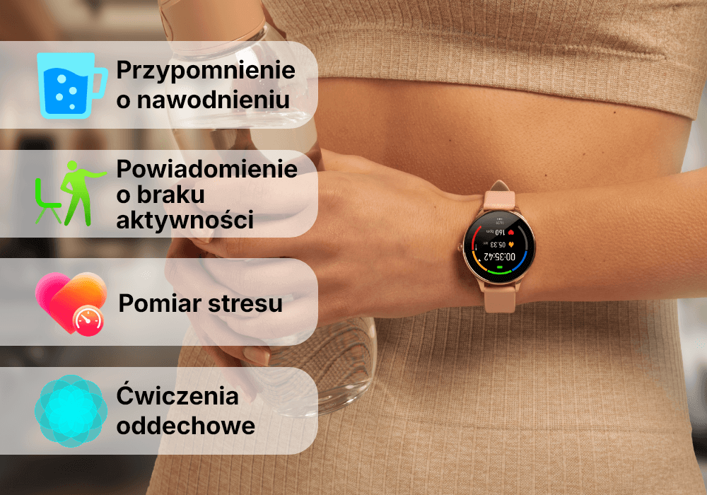 Smartwatch FOREVER Velora SB-306 na ręku modelki i funkcje zdrowotne  