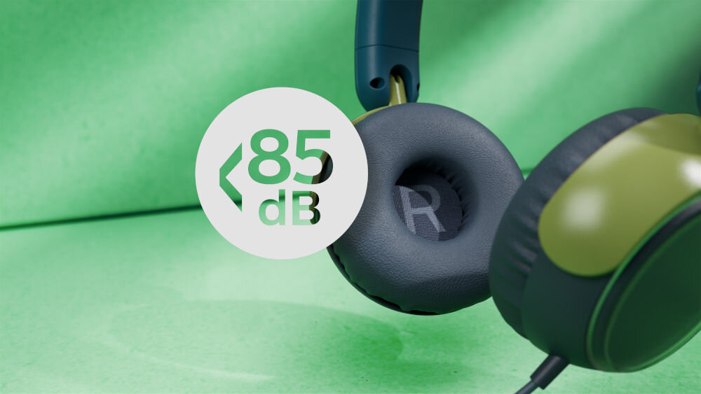 Słuchawki nauszne PHILIPS TAK2000CT głośność ograniczona do 85 dB dla dzieci, kadr słuchawek z logiem głośności