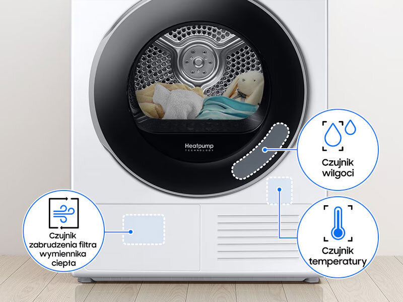 optimaldry Trzy czujniki suszarki Samsung: wilgoci, temperatury oraz zabrudzenia filtra wymiennika ciepła.