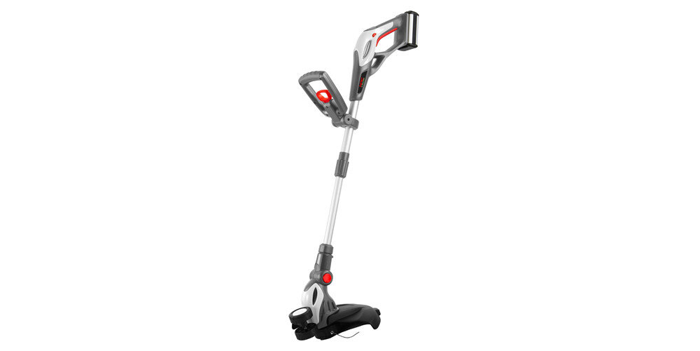 Na obrazie widoczna jest podkaszarka akumulatorowa w kolorze szaro-czarnym z czerwonymi akcentami. Urządzenie ma ergonomiczny uchwyt i teleskopowy trzonek.