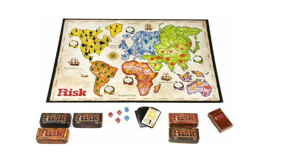 HASBRO-Ryzyko gra strategiczna terytorium opanowanie gracz kontrola świat strategia wojskowa ryzyko plansza pionki karty bitwy przymierze wróg zdrada kostka