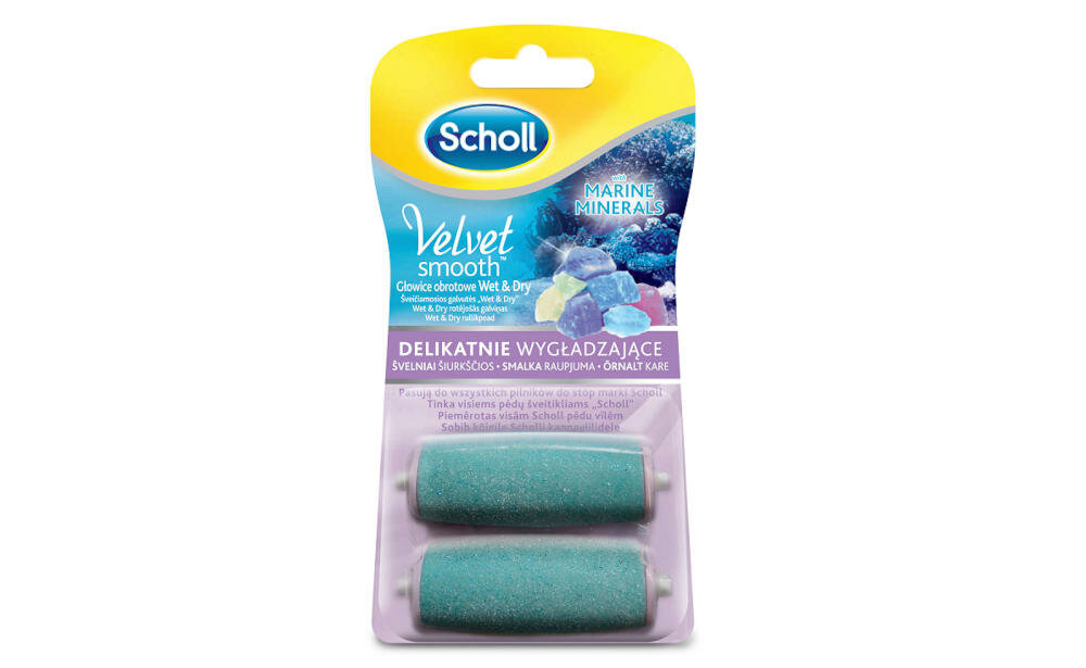 SCHOLL-Velvet-Smooth głowice obrotowe wygładzające minerały morskie zmiękczają naskórek sucha mokra skóra piękne stopy mikrościerne cząsteczki kryształki diamentu działanie złuszczające efektywnie delikatnie