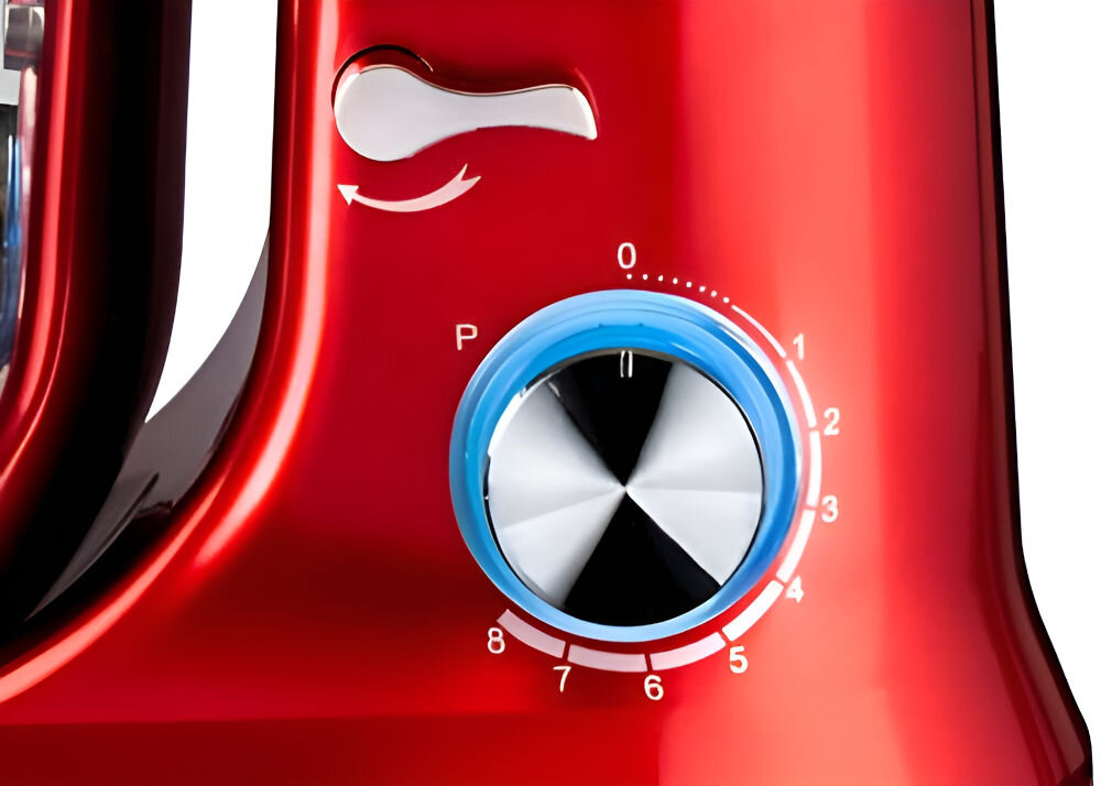 Robot kuchenny planetarny KOLIBER Robomax X-2400-W 2400W Czerwony stylowy design niebieskie podświetlenie LED przyjemna praca trwała obudowa z tworzywa długotrwałe użytkowanie dostępny z pełnym wyposażeniem stalowa misa z osłoną trzy matalowe końcówki niezawodność trwałość 