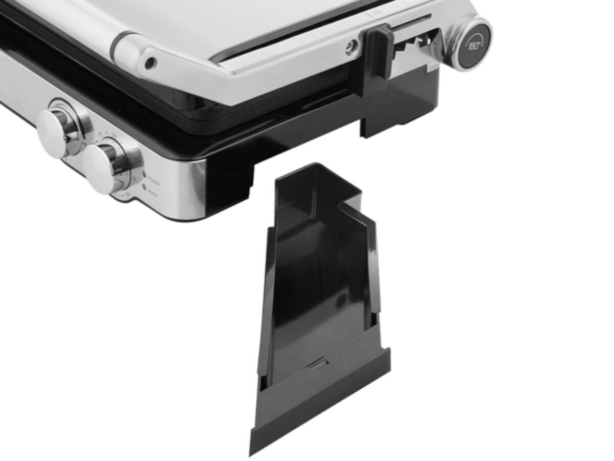 Grill elektryczny SENCOR SBG 4010SS, wyjmowane, tacka, olej, nadmiar, na białym tle wyjęta tacka ociekowa grilla