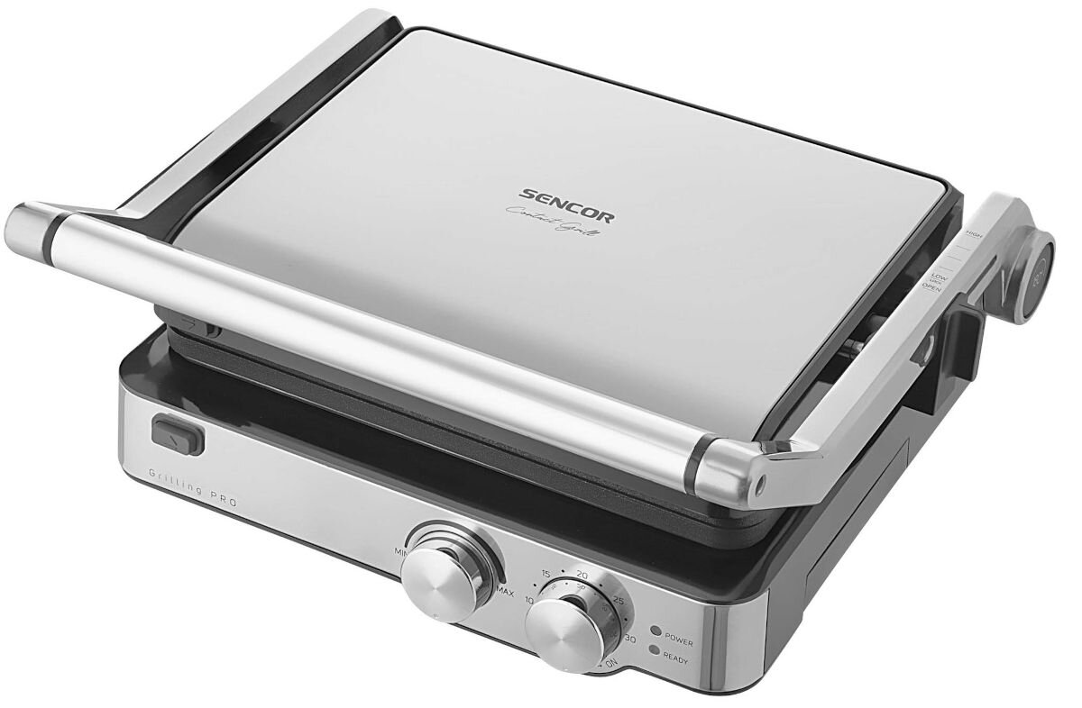 Grill elektryczny SENCOR SBG 4010SS, wymiary, waga, stabilne, obudowa, na białym tle grill frontem prawo skos lekko od góry