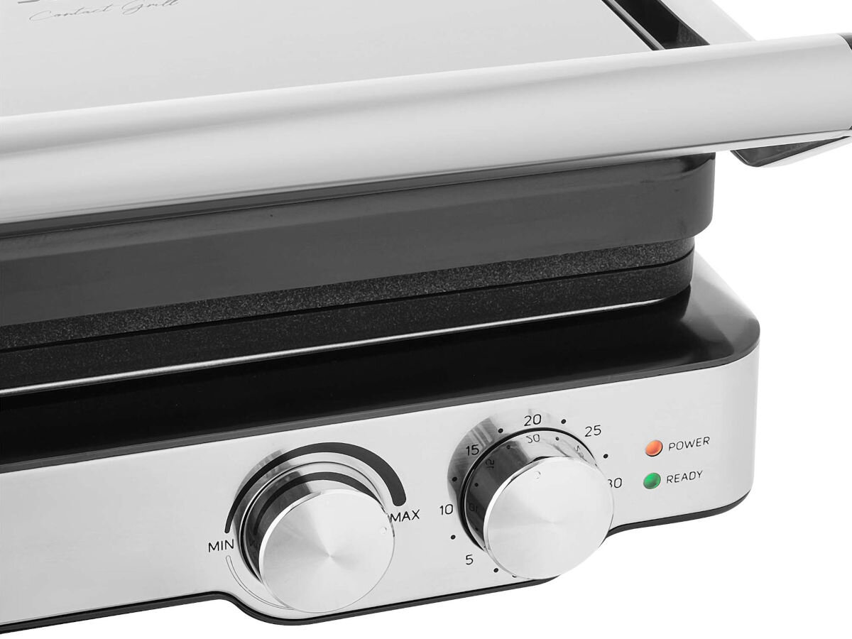 Grill elektryczny SENCOR SBG 4010SS, timer, regulowany, termostat, temperatura, na białym tle zbliżenie na pokrętła grilla