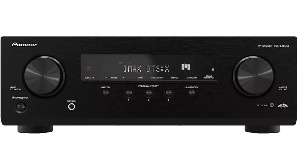Zestaw Kina Domowego PIONEER VSX-835DAB + MAGNAT MONITOR S80ATM/S10B/S12C Bluetooth radio DAB FM źródła muzyki, amplituner na białym tle