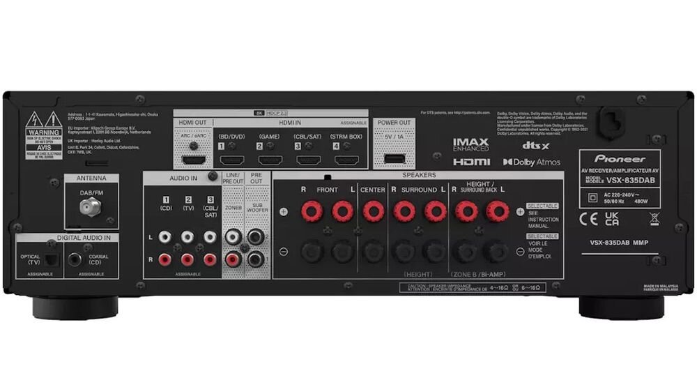 Zestaw Kina Domowego PIONEER VSX-835DAB + MAGNAT MONITOR S80ATM/S10B/S12C korektor regulacja tonów technologia 3D wyłącznik czasowy, amplituner na białym tle