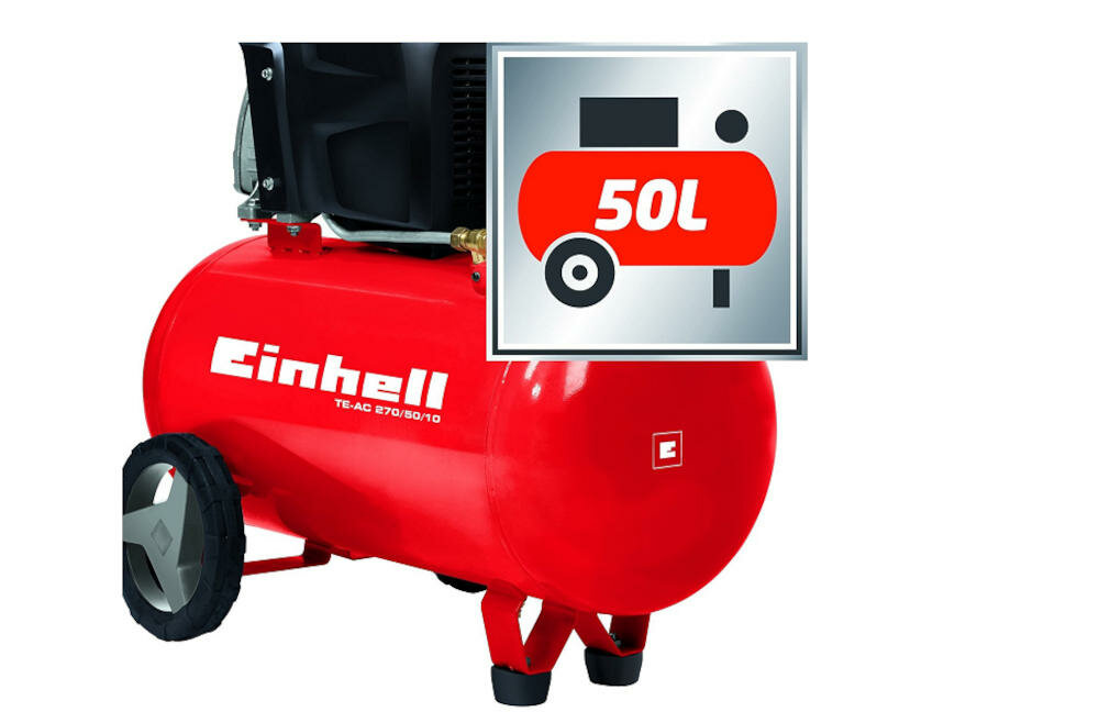 EINHELL TE-AC 270/50/10 zbiornik powietrze prace narzędzie pneumatyczne klucze szlifierki wiertarki poziom olej okienko kontrolne reduktor ciśnienie