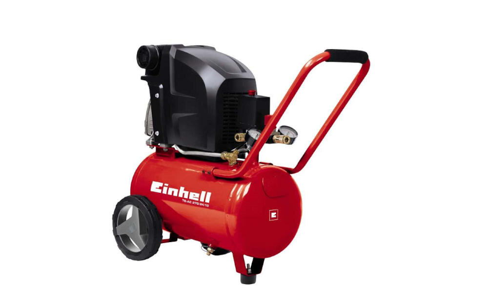 EINHELL TE-AC 270/10 kompresor olejowy kompaktowa obudowa wydajność prace warsztat pompowanie przedmuchiwanie piaskowanie lakierowanie zbiornik sprężone powietrze zasysanie duże koła transport przemieszczanie