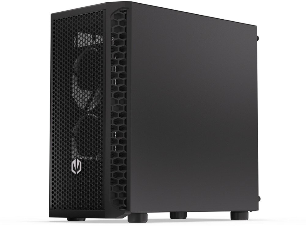 Obudowa ENDORFY Signum M30 Air Czarna obudowa z przeszklonym bokiem ukazująca podzespoły z dymem obrazującym kierunek przepływu powietrza przez przednie wentylatory