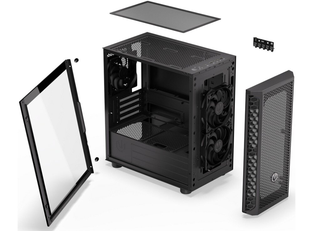 Obudowa ENDORFY Signum M30 Air Rysunek techniczny pokazujący oddzielone od siebie części obudowy takie jak wentylatory, panele zewnętrzne oraz filtry magnetyczne