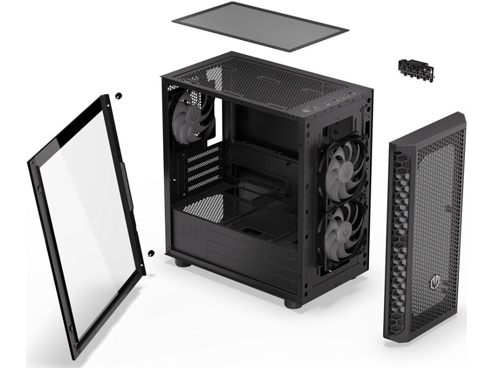 Obudowa ENDORFY Signum M30 ARGB Rysunek techniczny pokazujący oddzielone od siebie części obudowy takie jak wentylatory, panele zewnętrzne oraz filtry magnetyczne