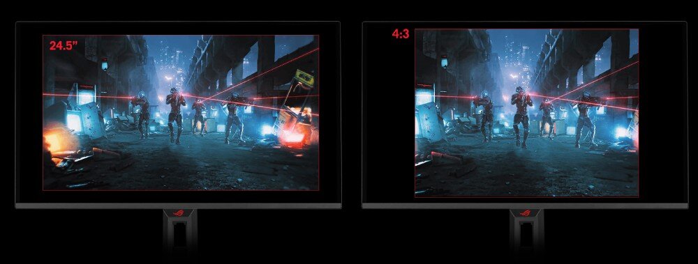 Monitor ASUS ROG Strix XG27AQDMES Dwa monitory obok siebie wyświetlające tę samą scenę z gry, na lewym ekranie czerwona ramka z napisem '24.5 cala', na prawym węższa ramka z napisem '4:3'