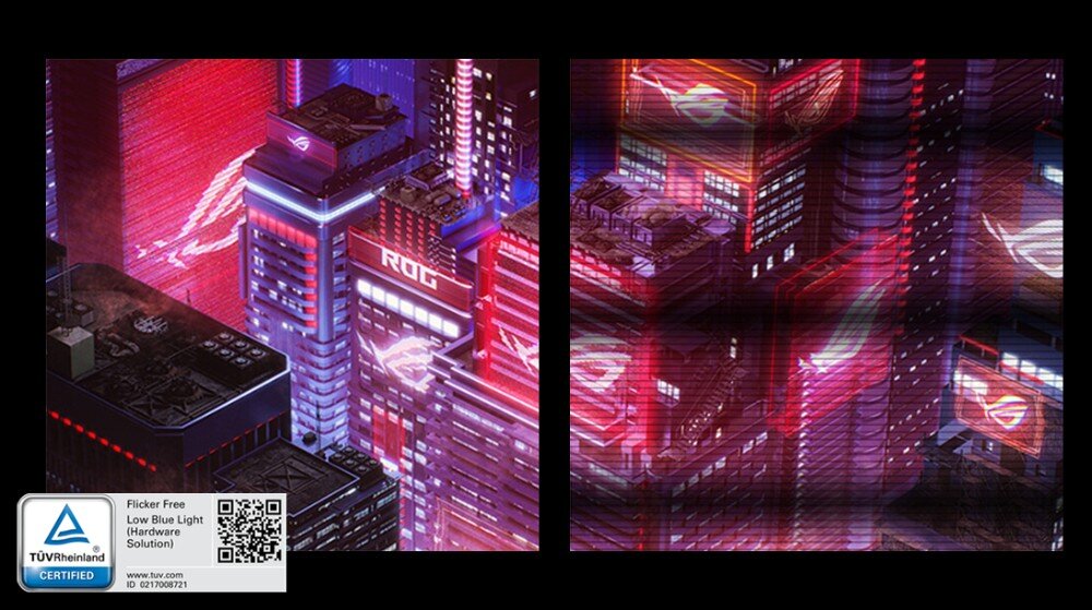 Monitor ASUS ROG Strix XG27AQDMES Porównanie dwóch grafik przedstawiających futurystyczne budynki z neonami, gdzie prawy obraz jest wyraźnie pocięty poziomymi czarnymi pasami migotania, a w lewym dolnym rogu widoczny jest certyfikat TÜV Rheinland