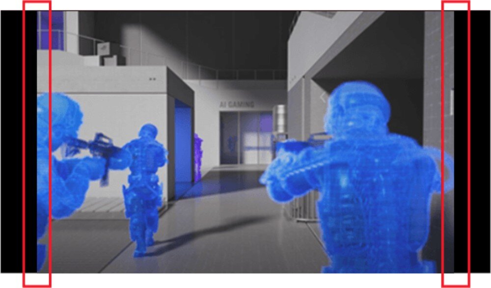 Monitor ASUS ROG Strix XG27AQDMES Kadr z gry typu strzelanka z zaznaczonymi czerwonymi ramkami pionowymi pasami po bokach ekranu