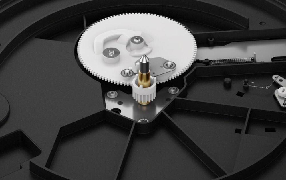 Gramofon SONY PS-LX5BT automatyczny napęd pasowy redukcja drgań, kadr na mechanizm napędu paskowego gramofonu