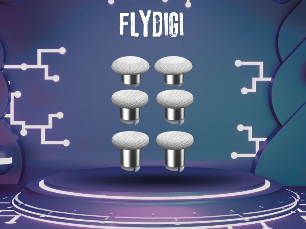 Komplet joysticków FLYDIGI do kontrolera Apex 5 Biały (6 szt.)
                grafika produktowa joysticki nad podstawą na tle ciemnego gradientu z kolorową poświatą z napisem marki
