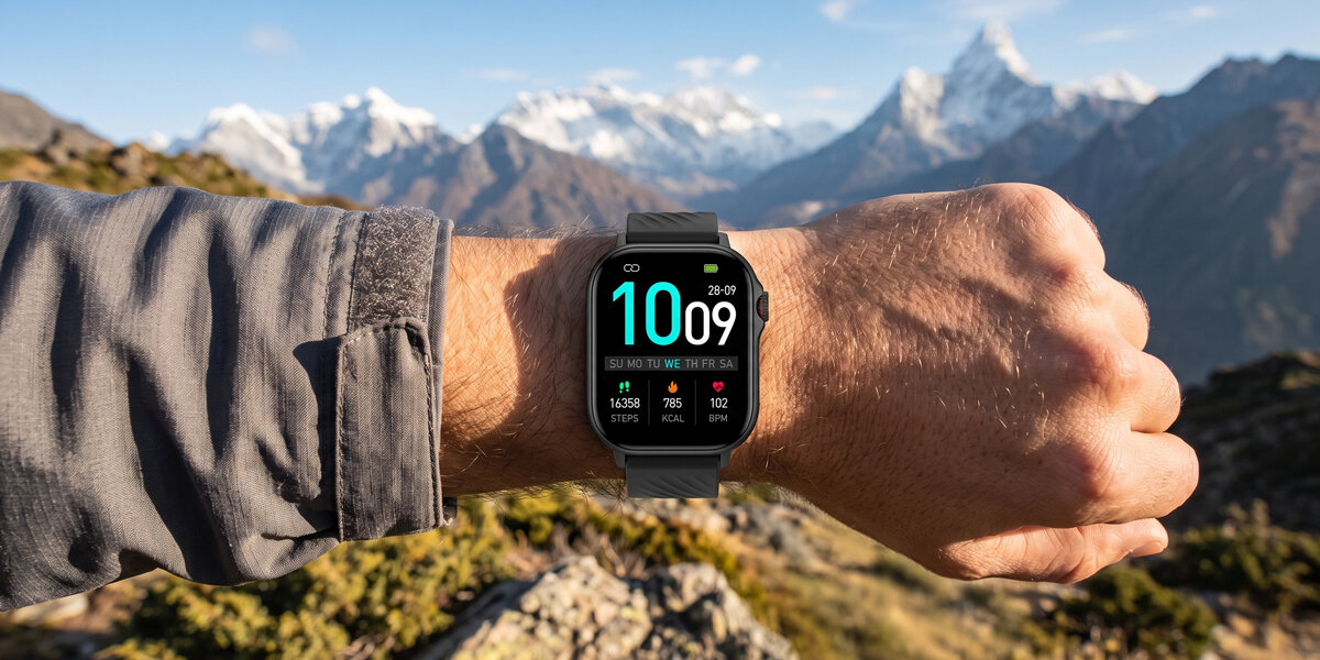 Na męskim nadgarstku znajduje się czarny smartwatch Denver. W tle widać rozmyte, ośnieżone szczyty gór.