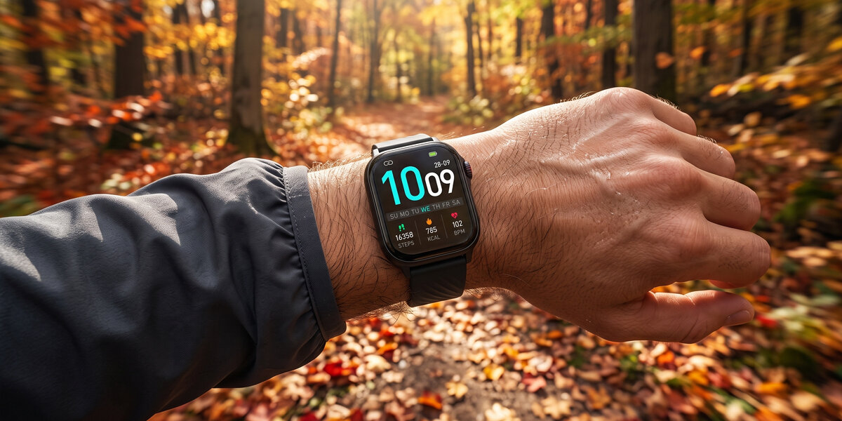Na ręku znajduje się czarny smartwatch Denver. Tło przedstawia jesienny las ze złotymi liśćmi na ziemi.