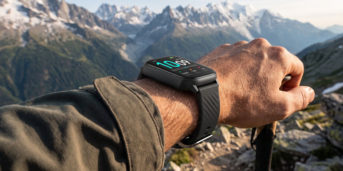 Na nadgarstku znajduje się smartwatch Denver. W tle widać góry i dłoń z kijkiem trekkingowym.