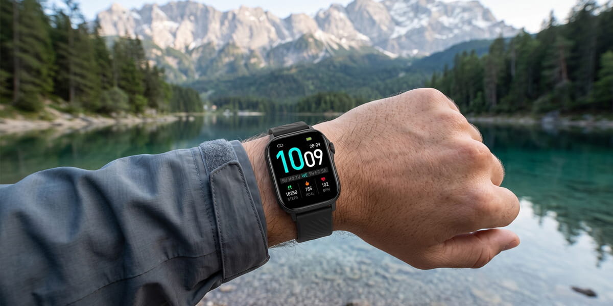Na ręku znajduje się smartwatch Denver. W tle widać spokojne, górskie jezioro oraz zielony las.