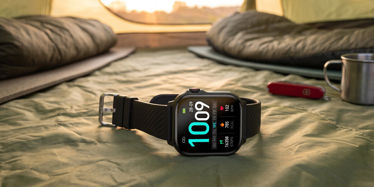 W namiocie leży włączony smartwatch Denver. Obok znajduje się czerwony scyzoryk i metalowy kubek.
