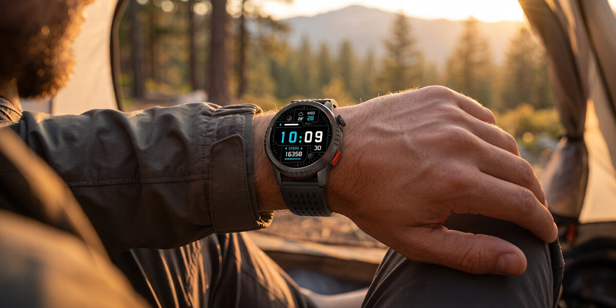 Osoba siedzi w namiocie, nosząc czarny smartwatch z wyświetlaczem pokazującym godzinę 10:09 oraz inne dane. W tle widać drzewa i góry.