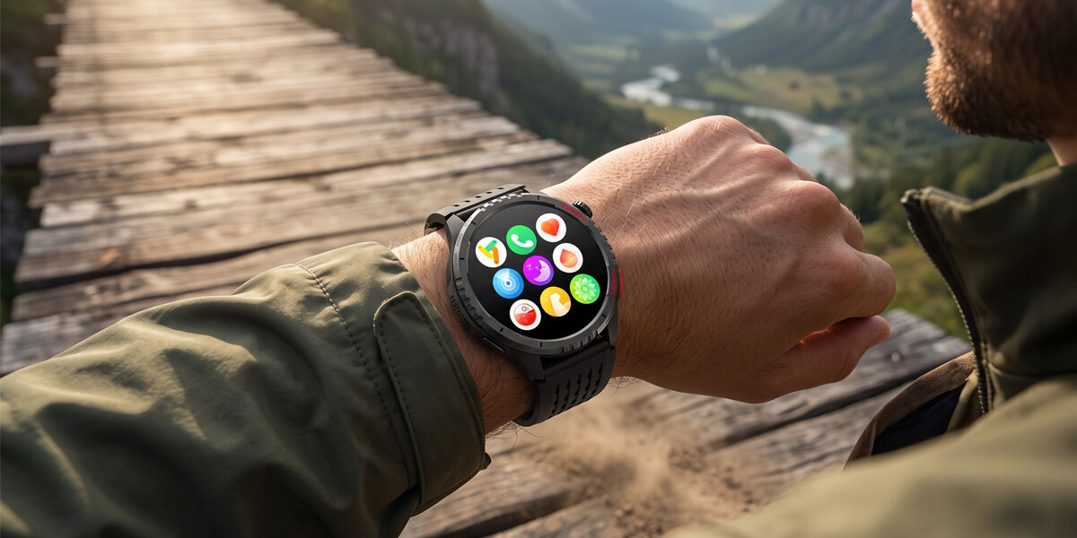 Osoba nosi czarny smartwatch z okrągłym wyświetlaczem, na którym widoczne są kolorowe ikony aplikacji. W tle znajduje się drewniany most i malowniczy krajobraz górski.