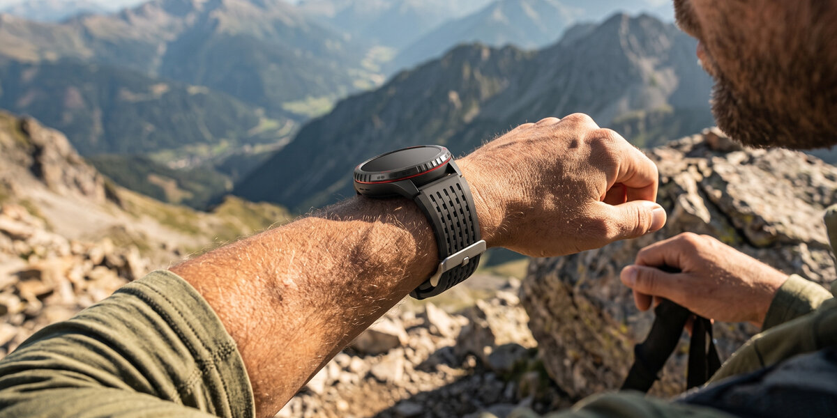 Osoba na tle górskiego krajobrazu nosi czarny smartwatch z perforowanym paskiem. W tle widać góry i doliny pod jasnym niebem.